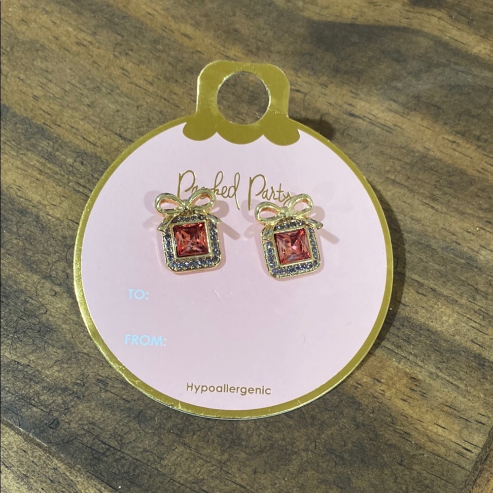 Gold and Pink Stud Earrings with Square Design